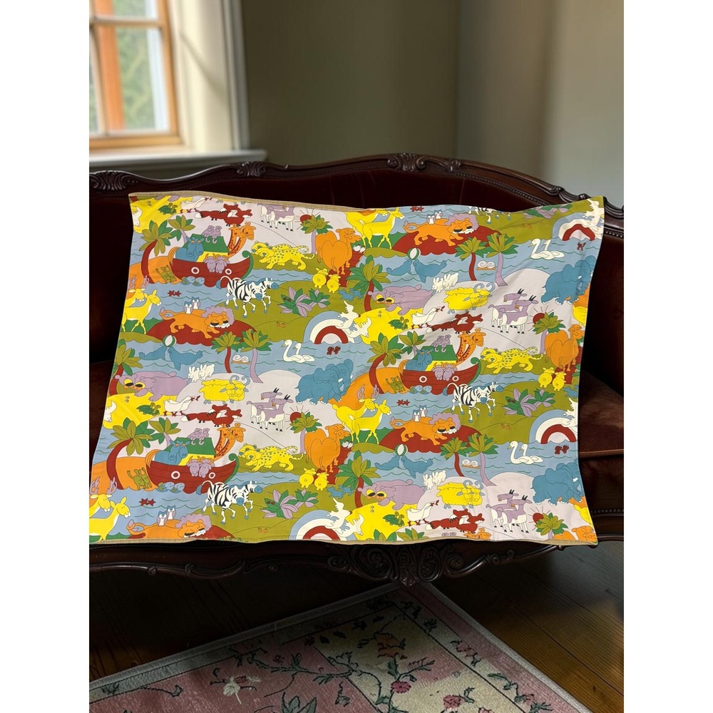 Vintage Wall Hanging Noahs Ark Animal Print Tan Corduroy Cotton Tapestry Baby